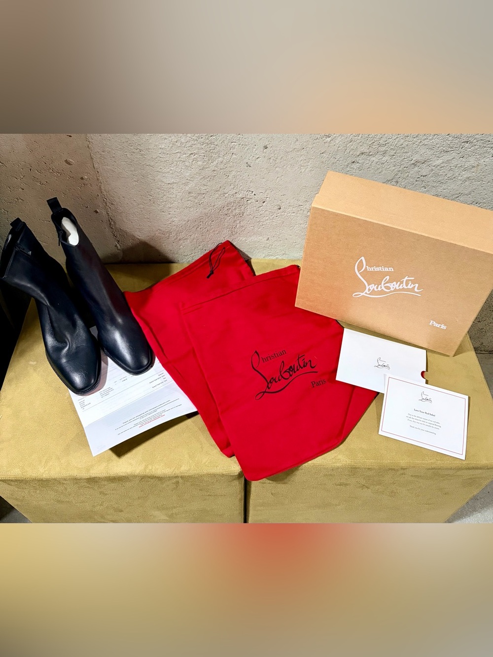Christian Louboutin Black leather boots with box & Red Drawstring Dust bags
